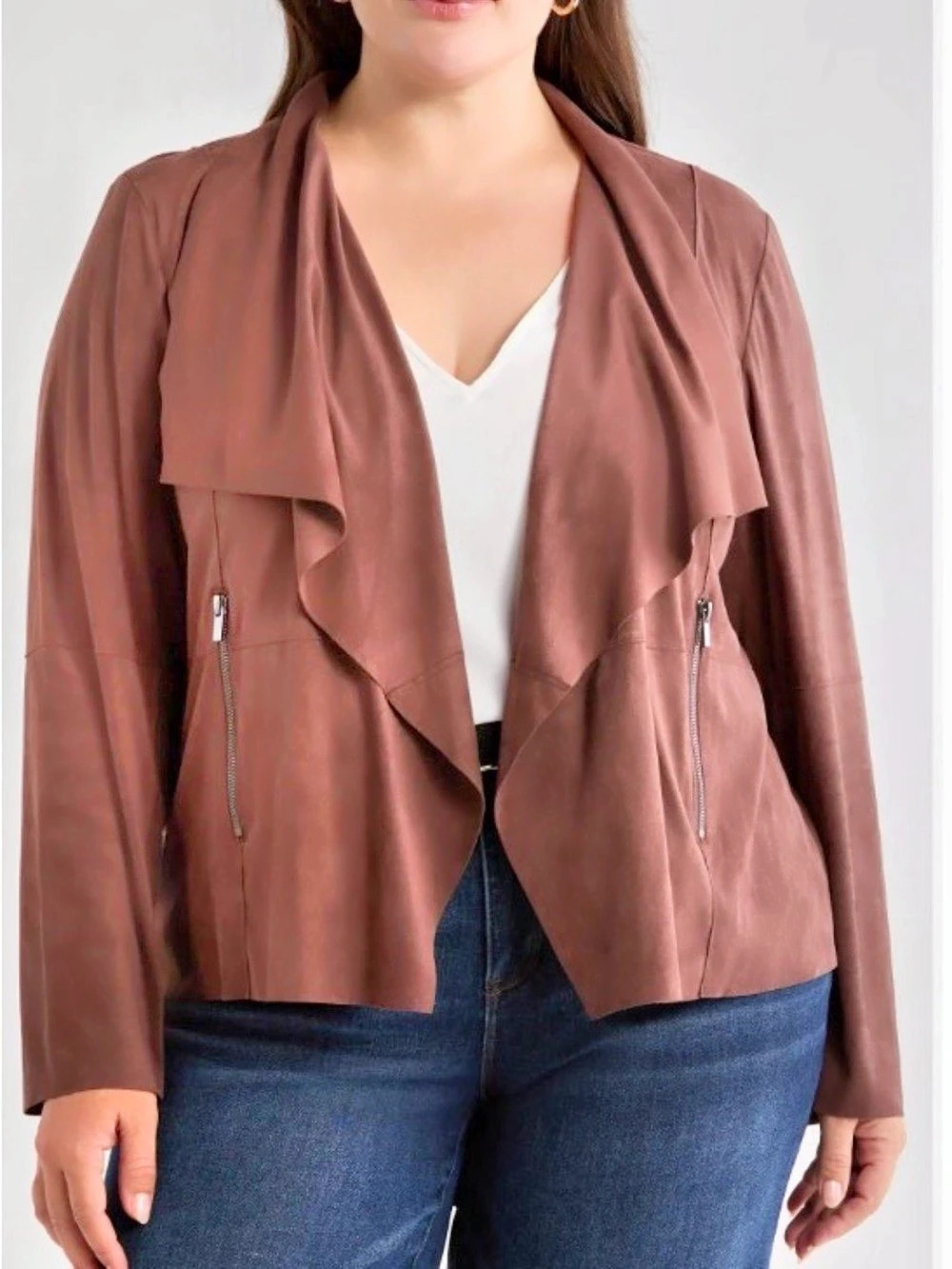 Bagatelle Drape Front Faux Suede Jacket Brown